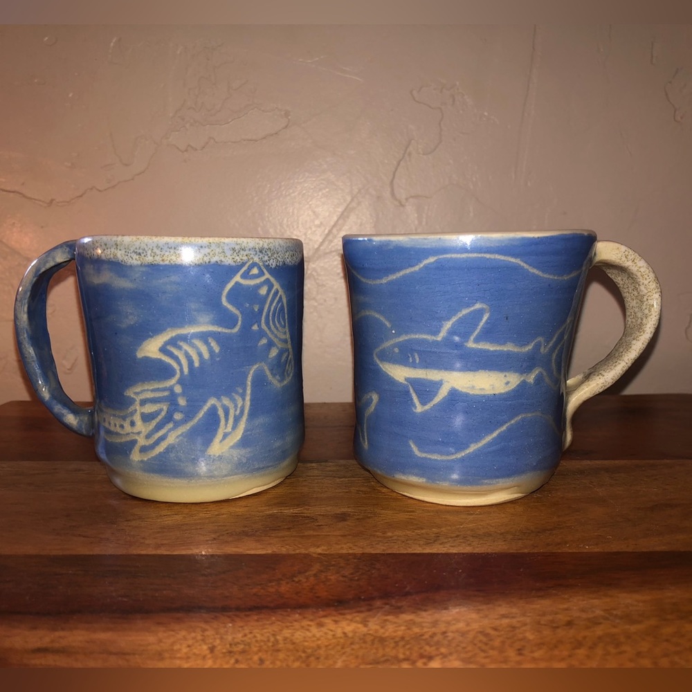 Two pottery mugs, shark theme
